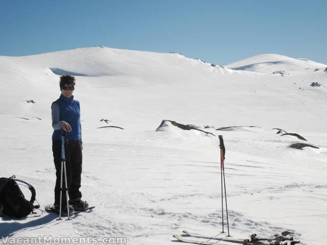 Sharon on the main range with Mt Kosciuszko in the top right