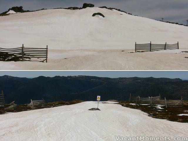 Top of Karels and below, the groomed run to the Basin<BR>The caution sign warned one of the impending wash out ;-)